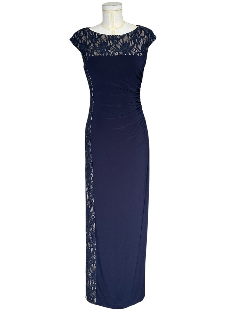 Betsy & Adam Navy Blue Side Ruched Evening Gown Lace Side Panel Dress Size 6